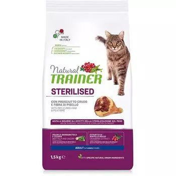 Корм для кошек TRAINER Natural Adult Sterilised для кастрированных, сыровяленая ветчина сух. 1,5кг