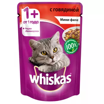 Корм для кошек Whiskas мини-филе говядина желе конс. пауч 85г