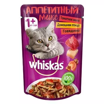 Корм для кошек Whiskas Микс в томатном желе говядина, птица пауч 85г