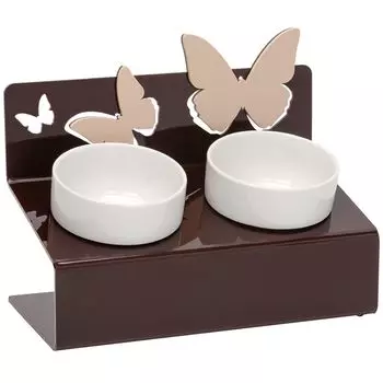 Миска для животных АртМиска Бабочки двойная на подставке, коричневая 2x360мл