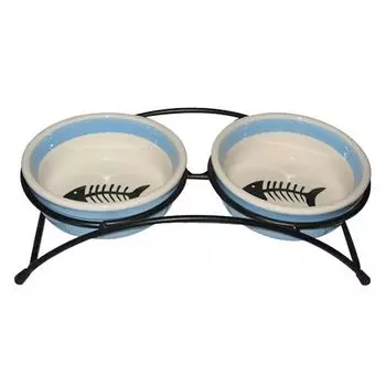 Миска для животных Foxie Fish двойная голубая керам. на металл.подставке 12,5х12,5х4,5см 2х300мл