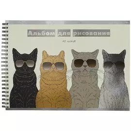 Альбом для рисования 40л А4 "Команда котов" гребень, печать по металл. пленке "серебро", твин-лак.