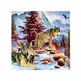 Алмазная мозаика MAZARI Семья волков в горах , 30х30см (рама 28.8х28.8 см) частичная выкладка, стразы разного размера