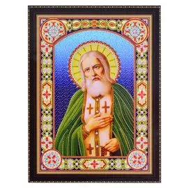 Алмазная мозаика на подрамнике "Икона Серафима Саровского", 30 х 40 см, блестящая, с частичным заполнением