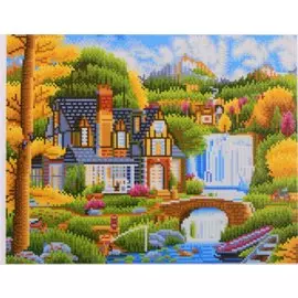 Алмазная мозаика на подрамнике "Красивый дом у водопада", 40х50 см