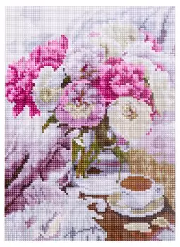 Алмазная мозаика на подрамнике "Утренний кофе и цветы", 30 х 40 см