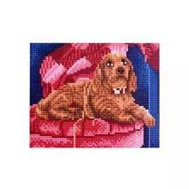 Алмазная мозаика "Рыжий щеночек на розовом стуле", 17х22