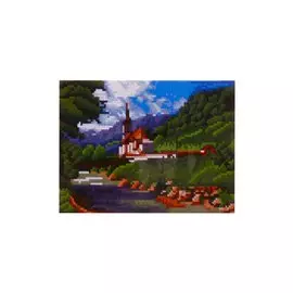 Алмазная мозаика с полным заполнением стразами, классическая "Часовня у горной реки", 22 х 32 см
