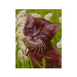Алмазная мозаика с полным заполнением стразами, классическая "Котенок в поле ромашек", 22 х 32 см