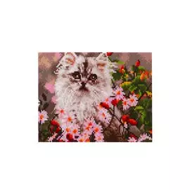 Алмазная мозаика с полным заполнением стразами, классическая "Пушистый котик в цветах", 22 х 32 см