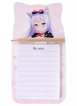 Блок для записей с карандашом 90*170 40л на магните "Аниме. Девушка с ушками (Сёдзё) (цветная)", инд.уп.