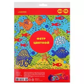 Фетр цветной A4 deVENTE. Яркие цвета 10 цв, 10 л, толщина 1 мм, пластиковый пакет с европодвесом