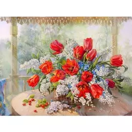 Холст с красками по номерам 30х40см ТМ Рыжий кот Палитра Русская Кол-я. Дандорф О.В.Тюльпаны с черемухой (Арт. Х-2316)