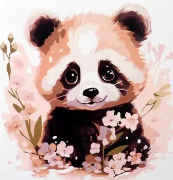 Холст с красками по номерам "Малыши-животные. Панда в цветах", 20 х 20 см