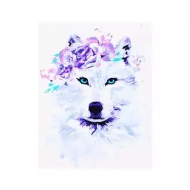 Холст с красками 17х22см по номерам (в коробке), (13цв) Белый волк с цветами ХК-4003