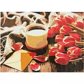 Холст с красками по номерам "Тюльпаны и кофе", 22 х 30 см