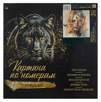 Холст с красками по номерам с поталью "Девушка с бабочками", 40 х 40 см