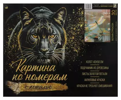 Холст с красками по номерам с золотой поталью "Белая стрекоза", 40 х 50 см