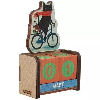 Календарь вечный Котик на велосипеде (7х11х3,5) (дерево)