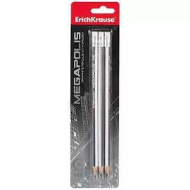 Карандаши ч/гр 03шт с ластиком "MEGAPOLIS" HB, шестигранные, блистер, Erich Krause