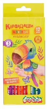 Карандаши цветные 12цв "МУЛЬТИКОЛОР" многоцв.грифель, дерев.трехгран.корпус, принт на корпусе, карт.уп., Каляка-Маляка
