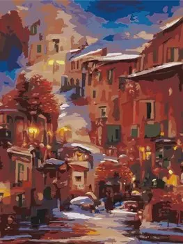 Картина по номерам 30х40 см. 30 цветов. На подрамнике. "Вечерний городок"