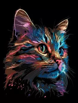 Картина по номерам. На черном холсте. Цветной котик