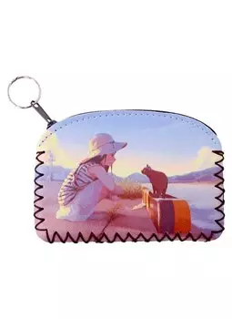 Кошелек на молнии Аниме Девушка с кошкой у реки (цветная) (9х13) (кожзам)