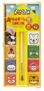 Краски акварельные 12цв "ЗВЕРЯТА В ДОМИКЕ" кисть, пласт.уп., Каляка-Маляка