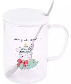 Кружка с крышкой и ложкой Новогодний зайчик (стекло) (420 мл)