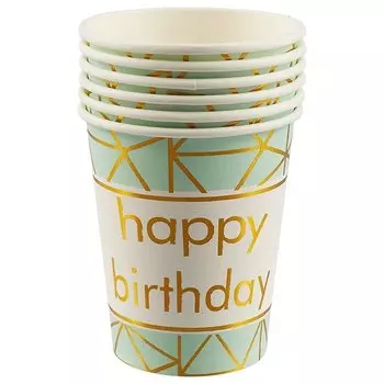 Набор бумажных стаканов Happy birthday на мятном фоне (6 шт) (12-01582-E1)