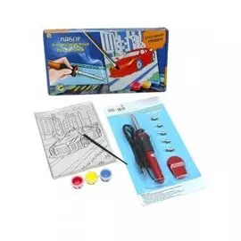 Набор для выжигания по коже ТМ Рыжий кот Спортивная машина (выжиг,краски,кисточ,кожа 15х20, 21х30 см) НР-9678