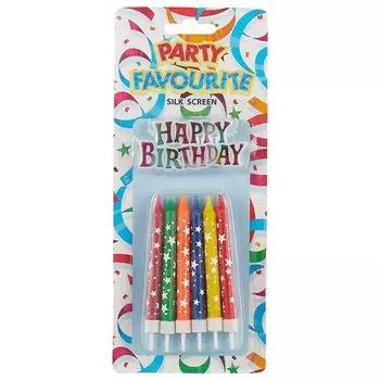 Набор свечей для торта Звезды с табличкой Happy Birthday (12шт) (8см)