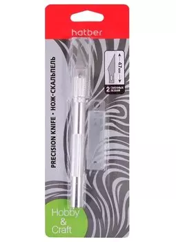 Нож-скальпель Hatber канцелярский 47x10мм, мет.корпус, d11мм, 2зап.лезвия, блистерНож-скальпель для хобби и творчества, прекрасно подходит для работ по бумаге, картону, дереву, коже, винилу, идеален для скрапбукинга и бумажного моделирования. Имеет алюми