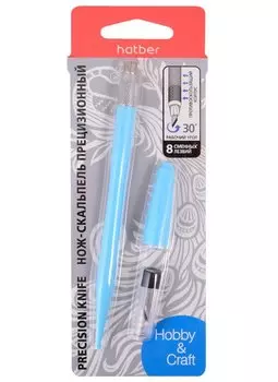Нож-скальпель Hatber канцелярский прецизионный 24x4мм, противоскользящая ручка, 8 зап.лезвий, блистер Предназначен для работ по бумаге, картону, дереву, коже, винилу.