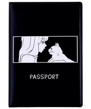 Обложка для паспорта Аниме ч/б Девушка с котиком (ОП2024-417)