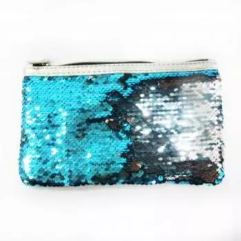 Пенал-косметичка реверсивные пайетки (бирюза/серебро) ХАМЕЛЕОН, с серебряным кожзамом, молния серебро, цвет изделия меняятся в зависимости от направле