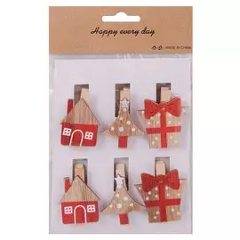 Прищепки Новогодние красные (дом, елка, подарок ), 6 шт,4,5 х 3 см ( дерево) (1108-1)