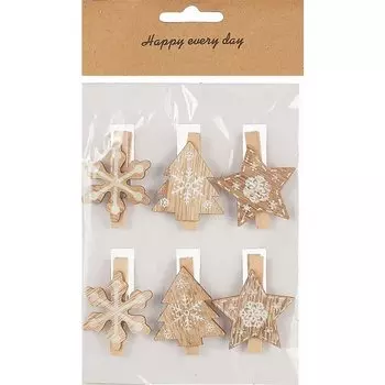 Прищепки Новогодние (снежинка, елочка,звездочка), 6 шт, 3,5 х 5 см( дерево)