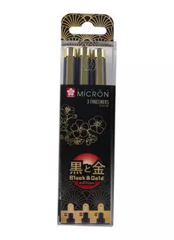 Ручки капиллярные черные 03шт "Pigma Micron Gold Limited Edition" 0.1мм, 0.3мм, 0.5мм