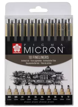 Ручки капиллярные черные 10шт "Pigma Micron" 0.15мм, 0.20мм, 0.25мм, 0.30мм, 0.35мм, 0.40мм, 0.45мм, 0.5мм, 0.6мм, 0.7мм
