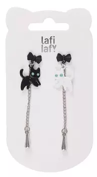 Сережки Котята черо-белые с бантиком и цепочкой (2шт) (металл) (12-09165-B98), Lafilaf