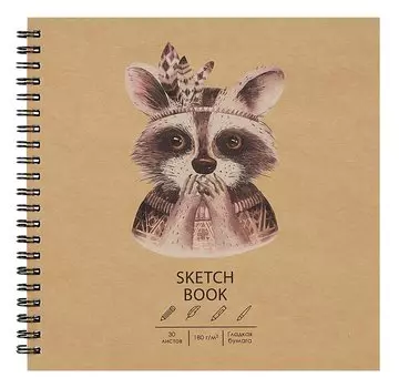 Скетчбук 190*190 30л "DRAFT and CRAFT. Cute racoon", 180г/м2, обложка крафт картон, евроспираль