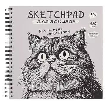 Скетчбук 190*190 30л "Кот" 120г/м2, мел.картон, выб.лак, евроспираль