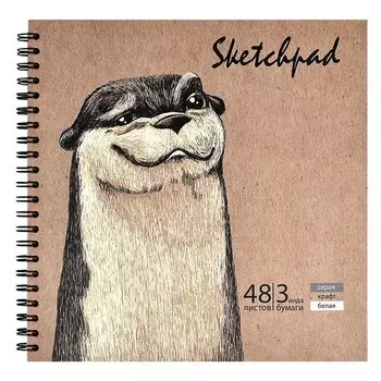 Скетчбук 195*195 48л "ЗАБАВНЫЕ ЖИВОТНЫЕ" тв.переплёт, гребень, бел.офсет, крафт-бумага, серый офсет