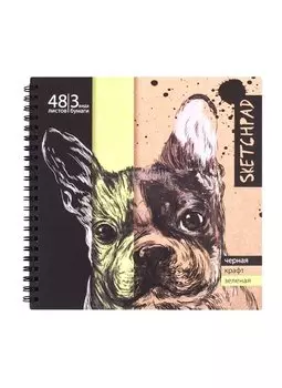 Скетчбук 195*195 48л "Животные" чёрная, зелёная, крафт. бумага 120 г/м2, 80 г/м2, карт.обл., гребень