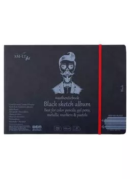 Скетчбук 24,5*18,5см 18л "SMLT Art Black authenticbook", на резинке, 165г/м2, черный, сшивка