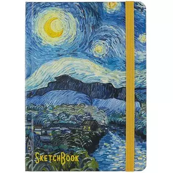 Скетчбук А5 80л "Ван Гог. Звёздная ночь-2 " 70г/м2, кремовая бумага, тв. переплет, резинка