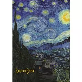 Скетчбук А5 80л "Звездная ночь. Ван Гог" 70г/м2, кремовая бумага, тв. переплет, резинка