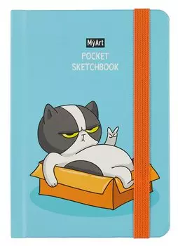 Скетчбук А6 48л "Pocket Скетчбук. Кот (синий)" белый офсет, резинка, тв.обложка